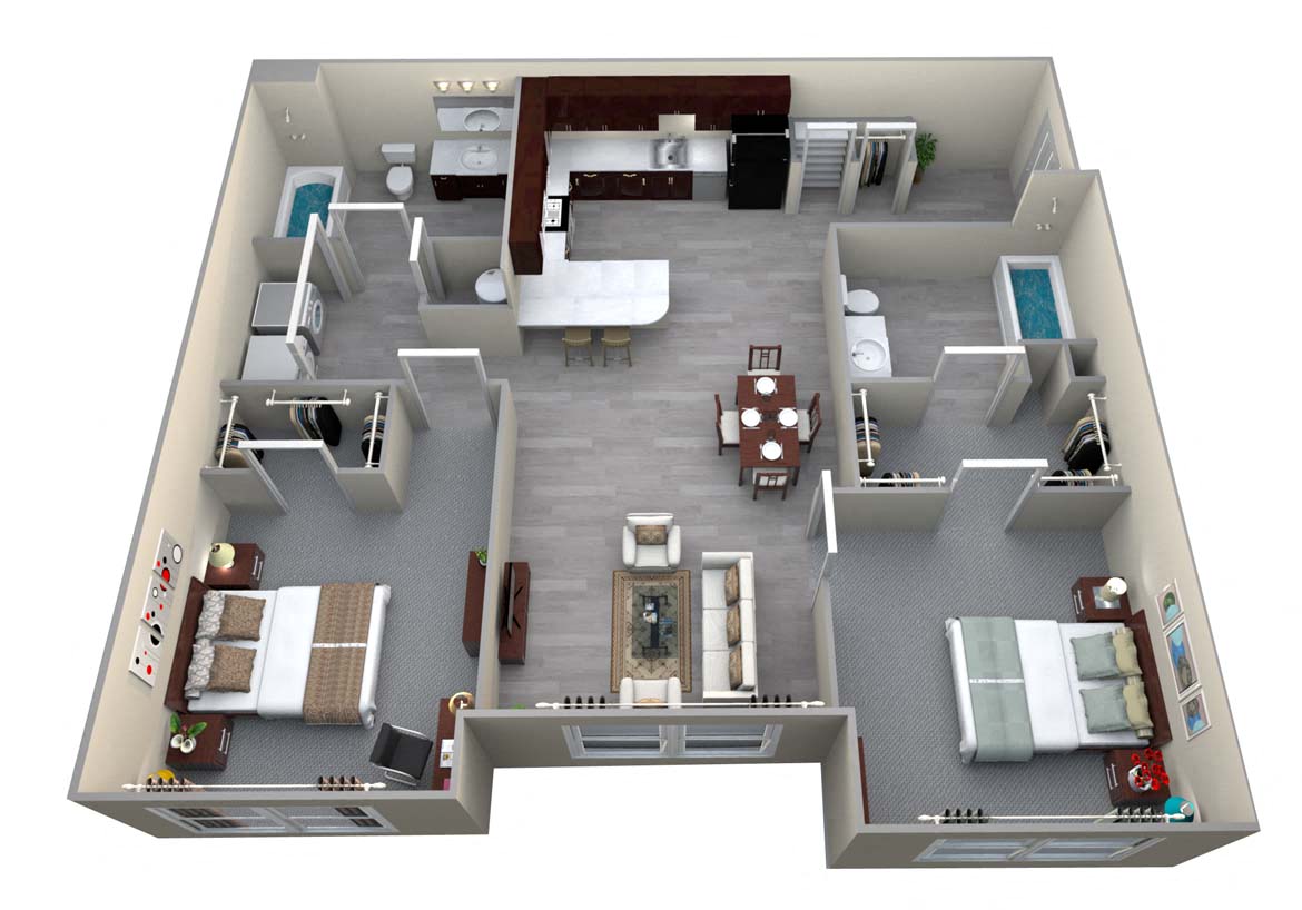 Floor plan for 2 beds, 2 baths, 936 sqft
